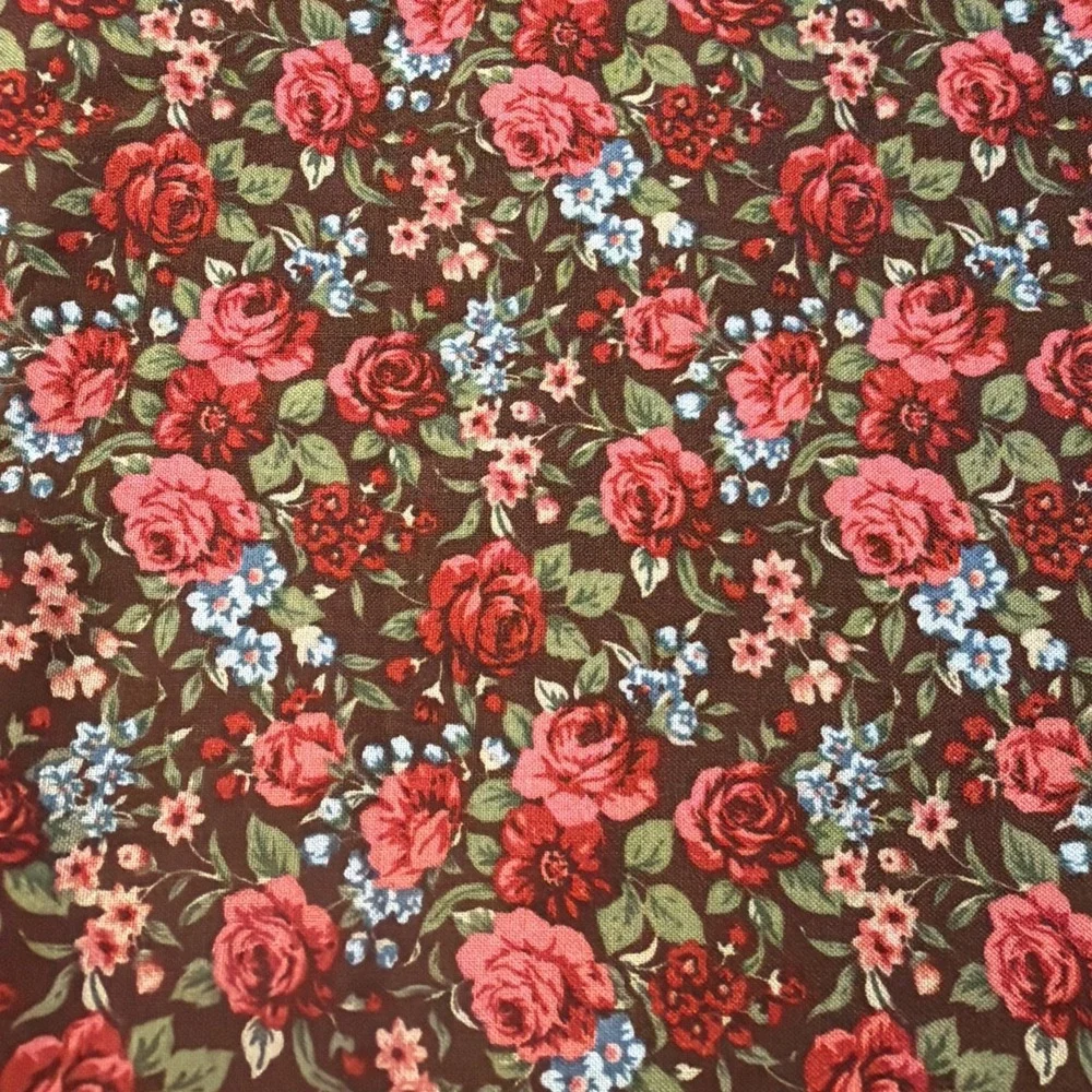 Vtg Red Pink Roses On Brown With Blue Flowers 1.5 Yards By MBT